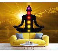Papier peint mural décoratif « Méditation des chakras au coucher du soleil » - Art spirituel pour studio de yoga, chambre Décoration bien-être et pleine 280x200cm (Non autocollant)