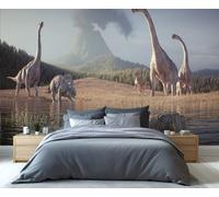 Papier Peint Mural Dinosaures et Volcans pour Filles Papier Peint Smog Collines et Forêt pour Chambre de Filles Salon 350 X 256 cm