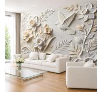Papier Peint Mural Effet Plâtre 3D En Relief Jonquilles Oiseaux En Vol Feuilles et Vigne 600 × 420 cm (L × H) Papier Peint Photo Intissé De Qualité Supérieure Revêtement Mural pour Salon et C
