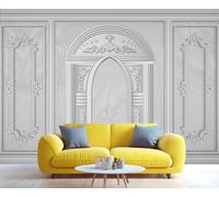 Papier peint mural élégant avec arche et panneaux ornementés - Papier peint architectural inspiré du marbre gris pour salon, chambre, décoration intérieure de luxe 200x140cm (Non autocollant)