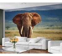 Papier peint mural éléphant d'Afrique, paysage de savane pour salon, décoration murale safari animalier 280x200cm (Non autocollant)