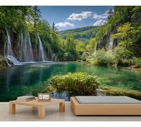 Papier peint mural en cascade de forêt, papier peint lac tranquille, forêt de montagne verte, peinture murale pour chambre à coucher, grande peinture murale non autocollante, 365 x 254 cm
