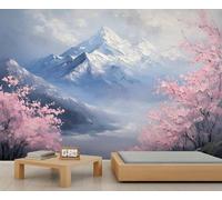 Papier peint mural en fleurs de cerisier, décoration murale de montagne enneigée, papier peint de style japonais pour ferme, salon, chambre à coucher, canapé, arrière-plan TV - 150 x 100 cm