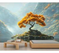 Papier peint mural en forme d'arbre isolé avec paysage de forêt, papier peint géant 3D à l'échelle commerciale, café, salon, galerie (non autocollant)