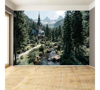 Papier peint mural en forme d'église en bois dans une vallée forestière, chapelle de montagne avec ruisseau, papier peint mural de taille personnalisée, papier peint HD, autocollant amovible pour