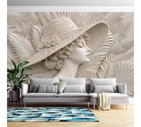 Papier Peint Mural En Relief 3D Représentant Un Visage De Femme Coiffée D'Un Chapeau De Paille, 400 Cm (L) X 280 Cm (H). Sticker Mural Art Moderne Pour Chambre Ou Salon. Non Tissé, Sans Adhésif.