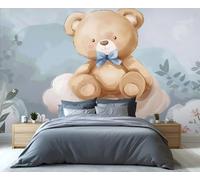 Papier peint mural fantaisiste avec ours en peluche et nœud papillon bleu sur un nuage, inspiration nature pastel, décoration murale mignonne pour chambre d'enfant 100x100cm (Non autocollant)