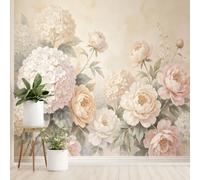 Papier Peint Mural Floral Aquarelle Pivoine et Hortensia Style Romantique et Botanique Intissé Inspiration Jardin Botanique Vintage Français Couleur Crème Beige 250 X 175 cm Idéal pour Un Mur D'