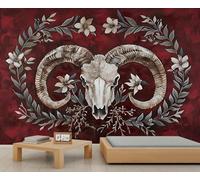 Papier peint mural géant 3D à motif de crâne de bélier occidental - Motif crâne gothique - Papier peint à l'échelle commerciale pour café, salon - Non adhésif