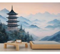 Papier peint mural géant de la pagode antique - Tour chinoise - Montagnes brumeuses - Décoration murale géante pour salon, salle à manger - Poster (non autocollant)