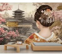 Papier peint mural Geisha japonaise, fleurs de cerisier, papier peint pagode pour ferme, salon, chambre à coucher, canapé, arrière-plan TV - 200 x 140 cm