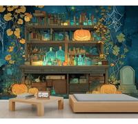 Papier peint mural gothique Halloween Fantasy Curio Cabinet Accent papier peint citrouille lanterne toiles d'araignée et pierres tombales papier peint pour enfants pour chambre à coucher salon affiche