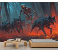 Papier peint mural gothique tête de mort flamme, loup, feu, forêt sombre, papier peint pour chambre à coucher, bureau, salon, chambre à coucher, arrière-plan TV, 400 x 280 cm