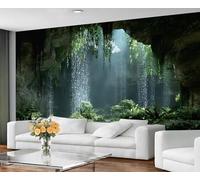 Papier peint mural grande taille grotte, cascade et jungle - Motif grotte ensoleillée, décor tropical immersif pour intérieurs de maison 150x105cm (Non autocollant)
