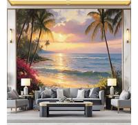 Papier Peint Mural Impressionnisme Plage Cocotiers Papier Peint Amovible Grand Décoration Murale Impression 250 x 175 cm pour Salon/Cuisine, Revêtement Décoratif Résistant Couleur orange