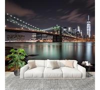Papier Peint Mural Intissé Photo 350x256 cm Paysage Le Pont de Brooklyn La Nuit Poster Mural Fresque Murale pour Salon, TV Mur, Intérieure Ville Anti-poussière Papier Peint Fresque Murale