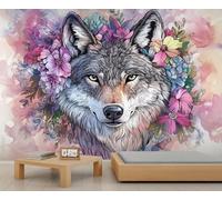 Papier peint mural loup avec fleurs, animaux, poster d'hôtel commercial, papier peint personnalisé, poster mural panoramique massif (non autocollant)