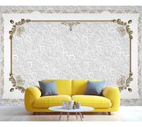 Papier peint mural luxueux en damas blanc avec cadre doré orné - Motif floral texturé complexe pour salon, chambre, décoration intérieure élégante 100x100cm (Non autocollant)