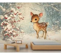 Papier peint mural motif cerf mignon chasseur d'animaux de la forêt papier peint scène de neige papier peint pour chambre à coucher salon poster 100 x 70 cm
