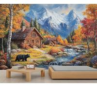 Papier peint mural motif chalet de campagne, forêt - Papier peint de chasse pour ferme, salon, chambre à coucher, canapé, arrière-plan TV - 390 x 260 cm