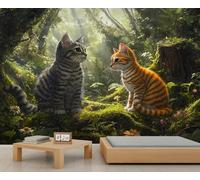 Papier peint mural motif chat, forêt, papier peint paysage pour salon, chambre à coucher, peintures murales d'animaux - 350 x 254 cm (ne pas décoller et coller)