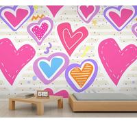 Papier Peint Mural Motif Cœurs D'Amour Joli Papier Peint Coloré à Rayures pour Chambre de Fille Salon 450 X 300 cm
