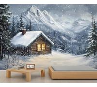 Papier peint mural motif maison de campagne, scène de neige, papier peint de chaîne de montagnes pour salon, chambre à coucher, arrière-plan TV, hôtel, bar, décoration - 250 x 175 cm