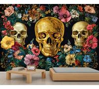 Papier peint mural motif tête de mort, papier peint floral rétro pour salon, chambre à coucher, arrière-plan TV, hôtel, bar, décoration - 350 x 256 cm