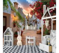 Papier peint mural multicolore représentant une architecture urbaine, des rues, des fleurs et des plantes - Décoration murale pour salon ou chambre d'enfant, 430 cm x 300 cm - Stickers - Tableau sans
