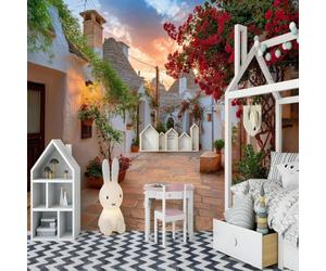 Papier peint mural multicolore représentant une architecture urbaine, des rues, des fleurs et des plantes - Décoration murale pour salon ou chambre d'enfant, 430 cm x 300 cm - Stickers - Tableau sans
