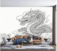 Papier Peint Mural Nuages Dragon Chinois Dessinés Main, Papier Peint Panoramique Photo Poster 200X140Cm (L X H) - Fresque Murale Tapisserie Animal Traditionnel Noir Blanc Pour Salon Chambre D'Enfant