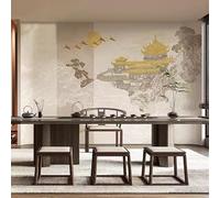 Papier Peint Mural Oriental Moderne De Style Chinois Effet 3D Non Tissé Avec Paysage De Montagne Palais Et Lune. Revêtement Mural Beige Et Doré Neutre 200 X 140 Cm Pour Salon Salle De Thé Mur Tv