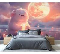 Papier peint mural Ours polaire blanc avec cœur et pleine lune, style pastel onirique, idéal pour la Saint-Valentin, décoration murale romantique pour chambre d'enfant ou de bébé 250x175cm