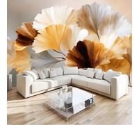 Papier Peint Mural Panoramique Intissé 3D Abstrait Feuille De Ginkgo Lignes Papier Peint Mural Tapisserie Décorative, Tableaux Muraux pour Chambre et Salon, Décoration Murale, 400 x 280 cm, Crème