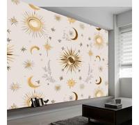 Papier Peint Mural Panoramique Intissé 3D Astres Le Soleil Et La Lune Fleurs Papier Peint Mural Tapisserie Décorative, Tableaux Muraux pour Salon, Décoration Murale, 250 x 175 cm, Gris Clair