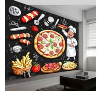 Papier Peint Mural Panoramique Intissé 3D Dessin Animé Nourriture Et Boissons Chef Pizza Papier Peint Mural Tapisserie Décorative, Tableaux Muraux pour Salon, Décoration Murale, 450 x 280 cm, Noir