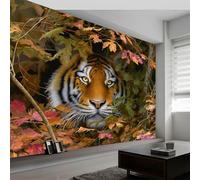 Papier Peint Mural Panoramique Intissé 3D Mignons Tigres Dans La Forêt D'Automne 300 x 210 cm Papier Peint Mural Tapisserie Décorative, Tableaux Muraux pour Chambre et Salon, Décoration Murale, Vert