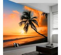 Papier Peint Mural Panoramique Intissé 3D Paysage Caribéen Lever Soleil Palmier 300 x 210 cm Papier Peint Mural Tapisserie Décorative, Tableaux Muraux pour Chambre, Décoration Murale, Couleur Orange
