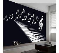 Papier Peint Mural Panoramique Intissé 3D Thème Musical Piano Notes De Musique Papier Peint Mural Tapisserie Décorative, Tableaux Muraux pour Chambre et Salon, Décoration Murale, 300 x 210 cm, Noir