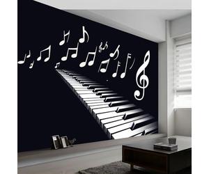 Papier Peint Mural Panoramique Intissé 3D Thème Musical Piano Notes De Musique Papier Peint Mural Tapisserie Décorative, Tableaux Muraux pour Chambre et Salon, Décoration Murale, 450 x 280 cm, Noir