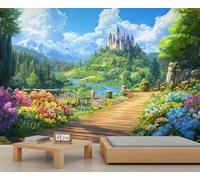 Papier peint mural paysage - Château - Montagne forestière - Grand papier peint pour salon, arbres et fleurs sauvages - 390 x 260 cm - Ne se décolle pas et ne colle pas