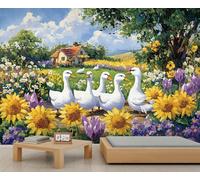 Papier peint mural Paysage de campagne Oies Jardin Fleur Tournesol Tulipe Fleur Sauvage Papier Peint Mural Papier Peint Cottage Bleu Ciel Blanc Nuages Papier Peint pour Fille Chambre Murale Salon