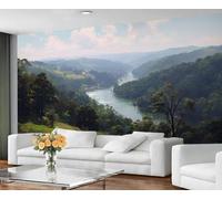 Papier peint mural paysage de vallée fluviale - Campagne sereine et rivière sinueuse, art mural nature idyllique pour salon et chambre 300x210cm (Non autocollant)