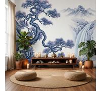 Papier Peint Mural Paysage Peint À L'Encre De Chine | Papier Peint Panoramique Pins Cascades Sommets Montagneux Vert Papiers Peints Salon Chambre Bureau Couloir Murale Poster Intérieure 250x175cm
