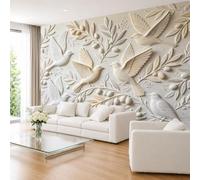 Papier Peint Mural Photo Intissé 210×150cm, Élégant Motif 3D D'Oiseaux Blancs En Vol et De Branches D'Olivier En Relief Plâtre, Idéal pour Le Mur Tv Du Salon Ou De La Chambre À Coucher, 210×