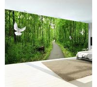 Papier peint mural photo personnalisé pour salon et chambre : motif 3D de chemin forestier vert et de pigeons blancs. Décoration murale. 400cm(W)×280cm(H)