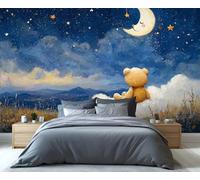 Papier peint mural représentant un ours en peluche contemplant la lune et les étoiles, un paysage de ciel nocturne enchanteur, une décoration murale onirique pour la chambre d'enfant. 280x200cm