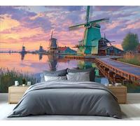 Papier peint mural représentant un village de moulins à vent hollandais, avec un paysage de coucher de soleil à Zaanse Schans, pour le salon. Décoration intérieure de style européen. 250x175cm