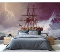 Papier peint mural représentant un voilier en pleine tempête, un voilier vintage dans un orage et des montagnes enneigées, salon ou comme décoration murale sur le thème de l'aventure nautique