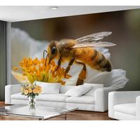 Papier peint mural représentant une abeille sur une fleur blanche, gros plan botanique, idéal pour le salon, décoration murale sur le thème de la nature et de la pollinisation. 400x280cm